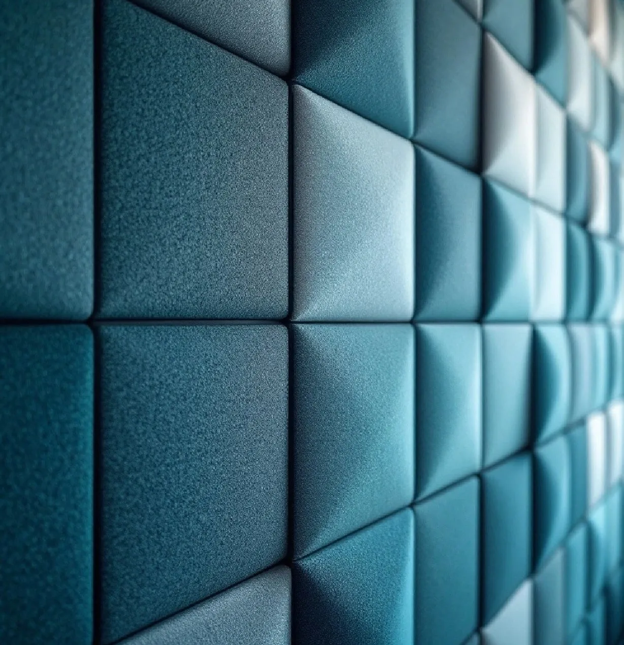 A wall of blue fabric-wrapped acoustic panel tiles
