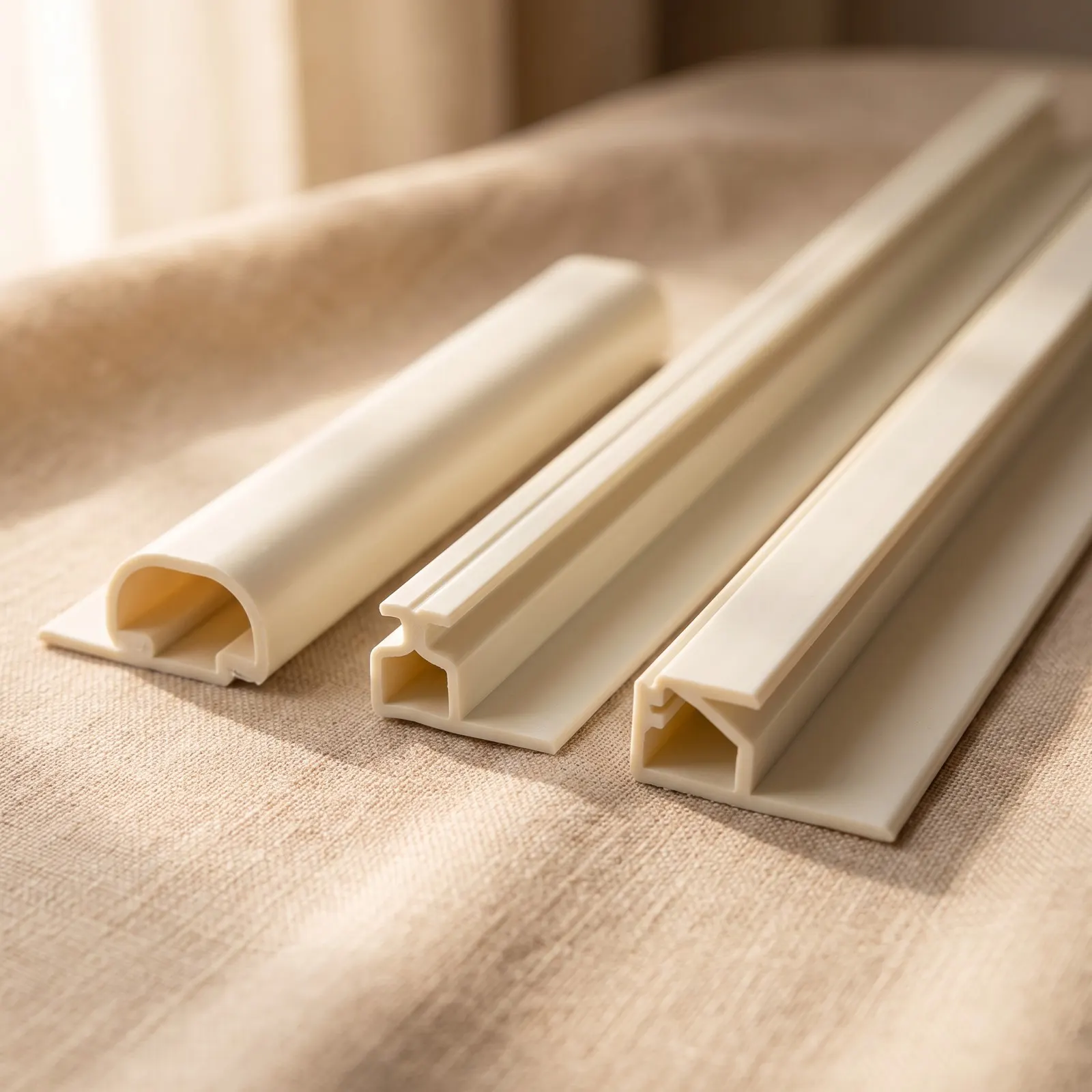 Three white PVC fabric gripper profiles showing their cross-sections