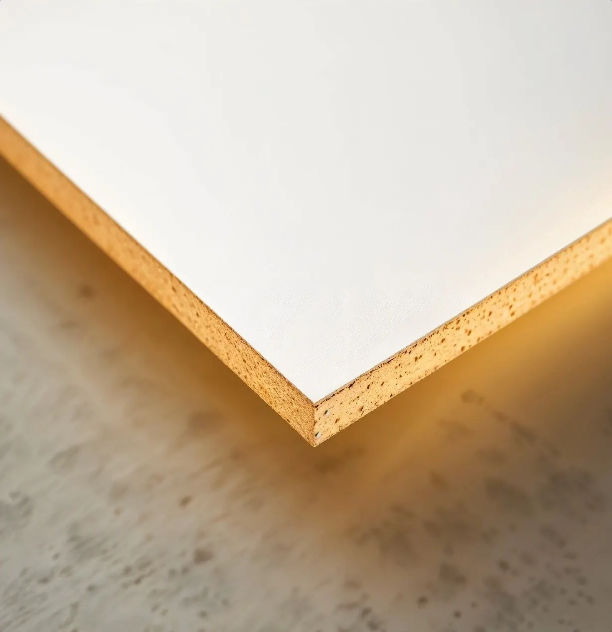 The corner of a white gypsum board showing its core
