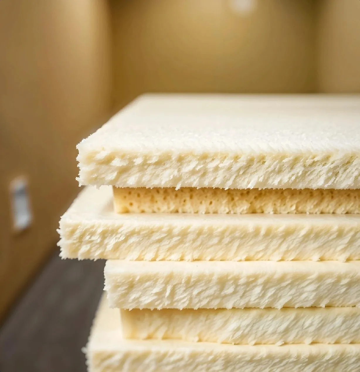 Stacked rockwool insulation slabs showing their dense fibre edges