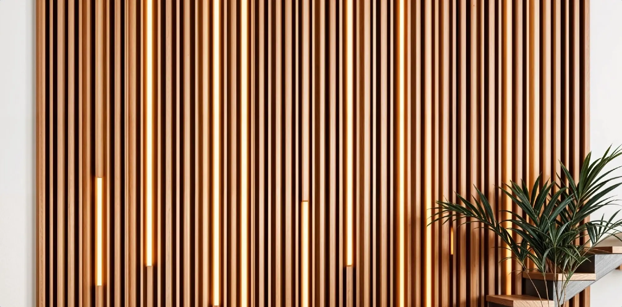 A dark slatted acoustic wall with warm light between the slats